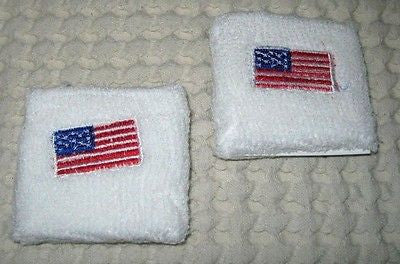 US American Flag on White Wristbands Sweatbands PAIR-Pair of Red Star Bands-New