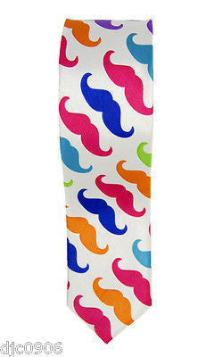 Unisex Multi Color Mustaches on a White Neck tie 56" L x 2" W-Mustache Tie-New!