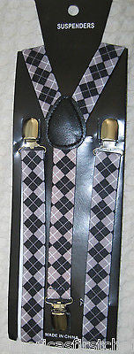 White Tuxedo Bow Tie & White Black Gray Gorgoyle Adjustable Suspenders Set-New