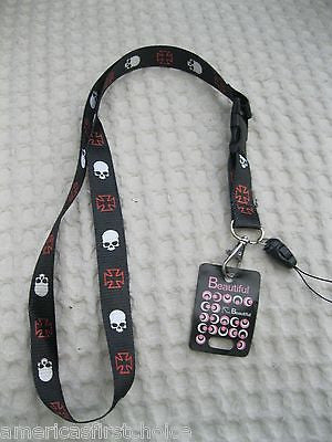 White Skulls with bowties and pink gargoyle design Design 15" lanyard ID Holder