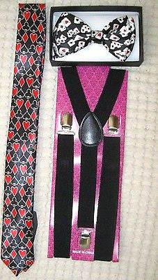 Poker Player Cards Adjustable Bow Tie,Black 1 " Suspenders,and Poker Neck Tie-v4