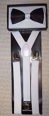 Black with White Tips Adjustable Bow Tie & White Adjustable Suspenders Set-V1