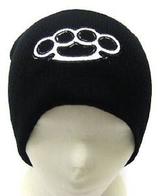 White Brass Knuckles on Black Winter Knitted Skull Beanie Ski Cap-New!