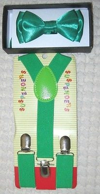 Kids Boys Girls 2-Layer Green Adjustable Bow Tie & Green Y-Back suspenders-New