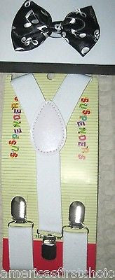 Kids Boys Girls Musical Notes Adjustable Bow Tie & White Y-Back suspenders-New!