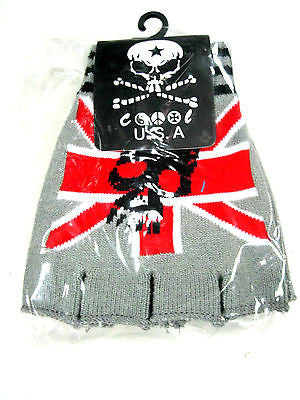 NEW BRITISH PUNK FLAG SKULL STRIPES CUTOFF FINGERLESS GLOVES GRAY RED BLACK-NEW!