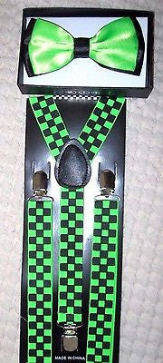Green and Black 2 Tone Bow tie+Green Black Checkered Adjustable Suspenders Set