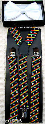 WHITE TUXEDO ADJUSTABLE BOW TIE+RASTA STRIPES PEACE SIGNS  SUSPENDERS COMBO