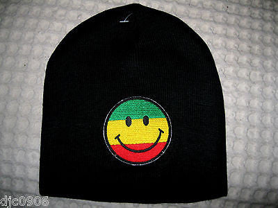 A Large Yellow Smiley Face with Green MJ Weed Leaves on Black Hat Cap Beanie-New