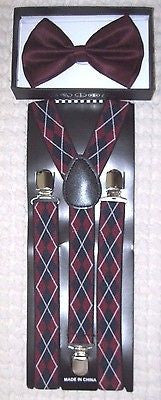 Burgundy Adjustable Bow Tie & Burgundy Navy Blue Gargoyle Y-Back Adj Suspenders