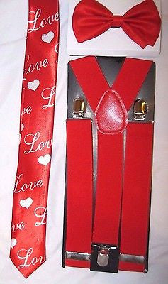 Black with Love and Hearts Necktie,& Solid Red Y-Back Suspenders Set-New!