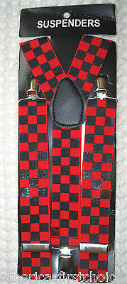 BLACK RED CHECKER BOW TIE+BLACK RED CHECKERS ADJUSTABLE WIDE SUSPENDERS COMBO