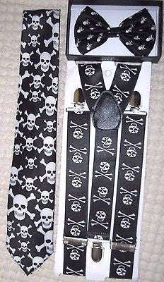 Unisex Skulls&Crossbones Bow tie&Neck Tie+Skulls&Crossbones Suspenders Set-ver3