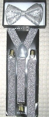 GRAY SILVER SEQUIN PATTERN  ADJUSTABLE  BOW TIE + SILVER GLITTER SUSPENDERS SET