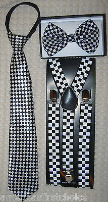 Teens Young Adults Black & White Checkers Bow Tie,NeckTie & Suspenders Combo