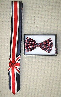 UK British Flag Skinny Neck Tie & UK British Adjustable Bow Tie Combo-A10