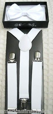 Kids Teens White Adjustable Bow Tie & White Adjustable Suspenders Combo Set-New!