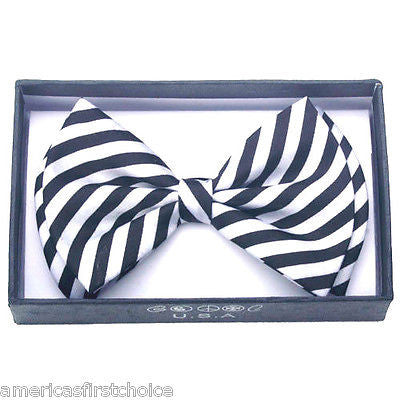 Tuxedo Adjustable Bow Tie PreTied Black And White STRIPED Print Formal Bow Tie