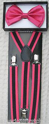 Pink Adjustable Bow tie & Pink  Black Stripes Adjustable Suspenders Combo-New