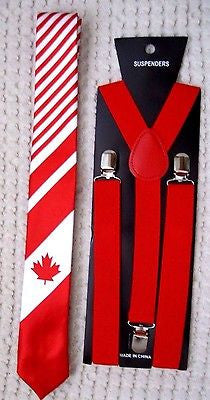 Canada Canadian Flag with Stripes 2" Neck Tie and 1" Red Adjustable Suspenders