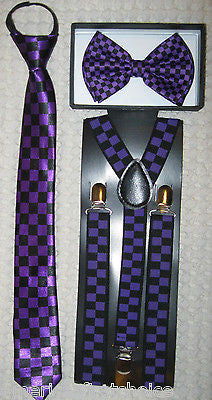 Unisex Purple Bow Tie,Purple Stripes Neck Tie & Purple Adjustable Suspenders-New