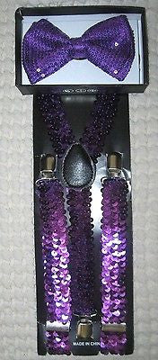 Purple Sequin Bowtie Bow Tie & Purple Sequin Adjustable Suspenders Combo Set-V3