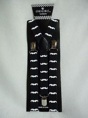 White Mustache Design Stache Black SUSPENDERS Y-Back Adjustable Suspenders-New!