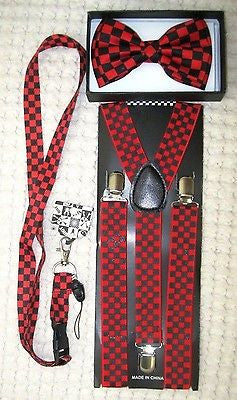 Black&Red Checkers Bow tie,Black&Red Lanyard,& 1" B&R Checkered Suspenders-v5