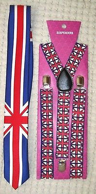 UK British Flag Adjustable Y-Back Suspenders and UK British Skinny Neck Tie-A4