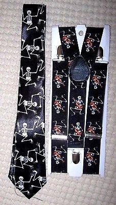 Unisex Dancing Skeleton Neck Tie& Wide Skeleton w/ Guitar Suspenders Combo-New!