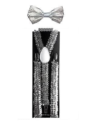 GRAY SILVER SEQUIN PATTERN  ADJUSTABLE  BOW TIE + SILVER GLITTER SUSPENDERS SET3