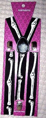 Unisex WIDE 1 1/2" BLACK WITH MULTIPLE WHITE SKULLS Y-Back suspenders-New!VERS3