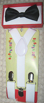 Blue  Kid's Boys Girls Y-Style Back Adjustable Bow Tie & White Kid suspenders-