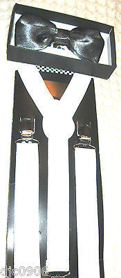 Solid Shiny Gray Adjustable Bowtie & Solid White Adjustable Suspenders Combo-New