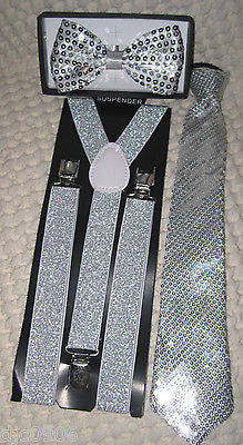 Blue Sequin Adjustable Bow Tie,Neck tie & Blue Glittered Suspenders Set-New !