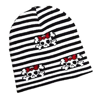 black&white Stripes w/ Skulls and Crossbones Winter Knitted Skull Beanie Ski Cap