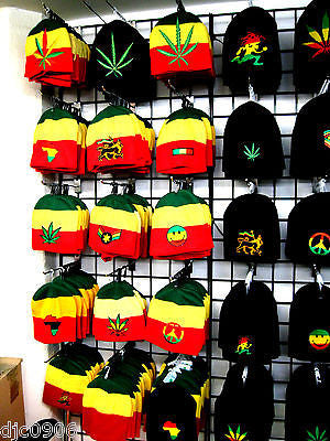 Large Rasta Red,Yellow,& Green Peace Sign Symbol on Black Hat Cap Beanie-New!!