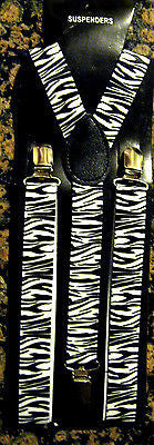 Unisex White & Black Zebra Thin Print Y-Style Back suspenders w/  polished clips