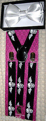 Solid White Adjustable Bow Tie&White Skulls Wings on Black Suspenders Combo-New