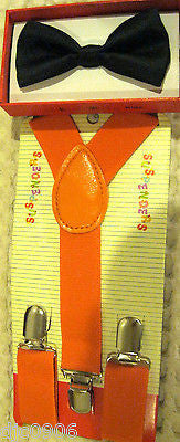 Black Kid's Boys Girls Y-Style Back Adjustable Bow Tie & Orange Kids suspenders