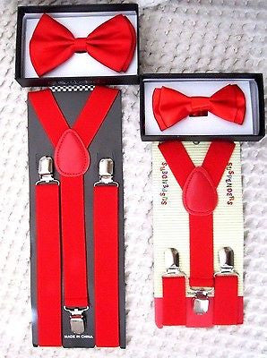 Father & Son 2 Layer Red Adjustable Bow Tie & Red Adjustable Suspenders Combo