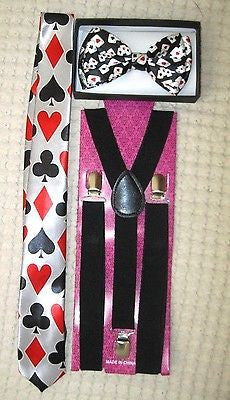 Poker Player Cards Adjustable Bow Tie,Black 1 " Suspenders,and Poker Neck Tie-v4