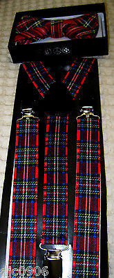 RED TUXEDO ADJUSTABLE BOW TIE+RED BLUE PLAID ADJUSTABLE SUSPENDERS COMBO!!