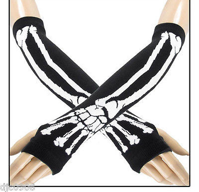 Unisex Black White Skeleton Elastic Fingerless Arm Warmers Elbow Long Gloves-New