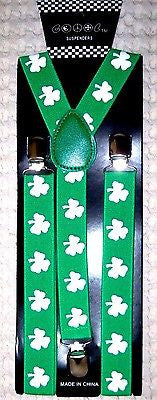 Green with White 3 Leaf Clovers Y-Shape Back Adjustable Suspenders-New in Pkge!