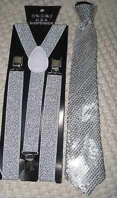 Silver Sequin Pre-Tied Neck tie & Silver Glittered Suspenders Combo Set-New