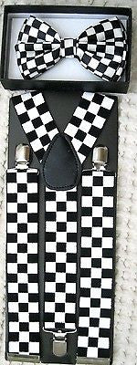 BLACK WHITE CHECKERED Adjustable Bow tie&Adj. 1 1/2" Y-Back Suspenders Combo-v2