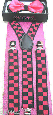 Hot Pink Black Tips Adjustable Bow tie & Pink Checkered Suspenders Combo-New!