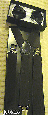 Black with White Tips Adjustable Bowtie & Black Adjustable Suspenders Combo-New!