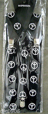 Unisex Black White Peace Signs Adjustable Y-Back Style suspenders-New in Pkg